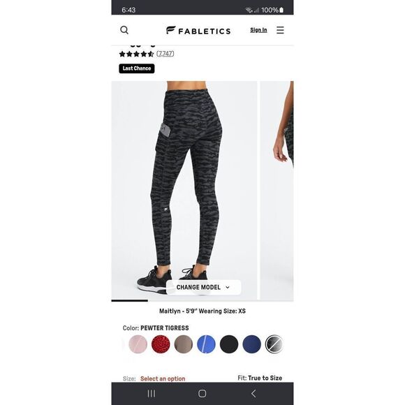 New Small Fabletic Tigress Therma Flex High Waist Cold Weather Leggings w Pocket - Picture 1 of 8